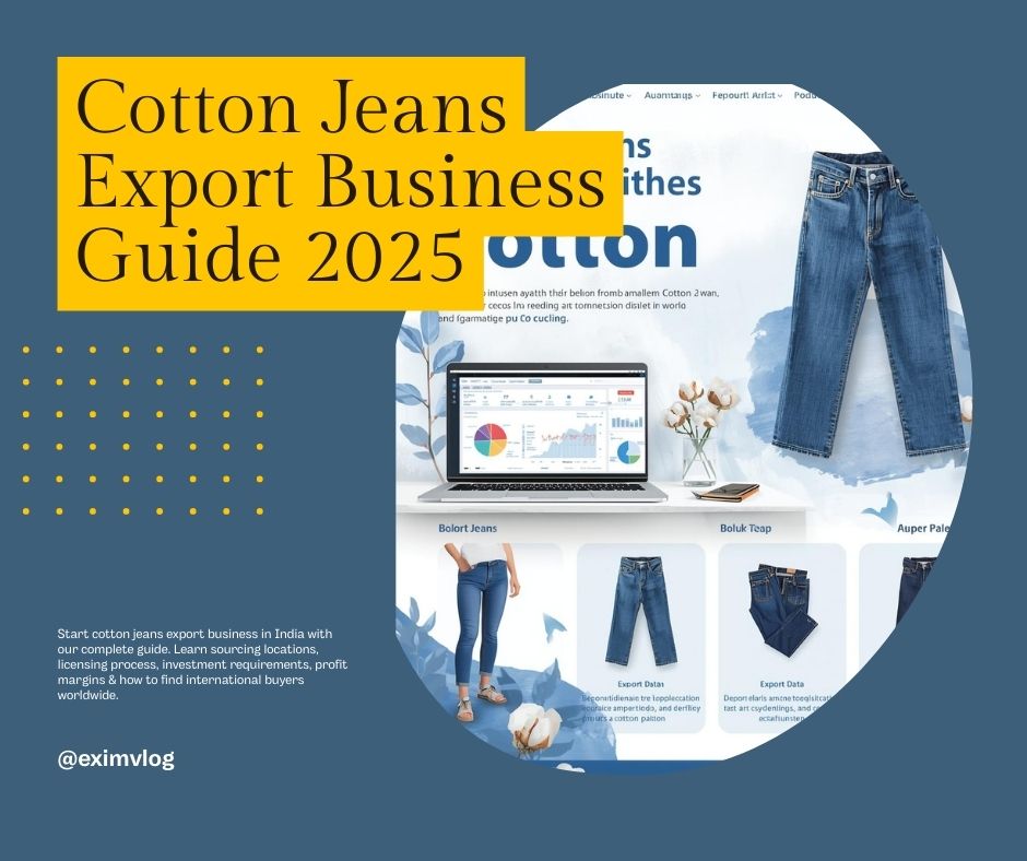 Start cotton jeans export business in India with our complete guide. Learn sourcing locations, licensing process, investment requirements, profit margins & how to find international buyers worldwide.